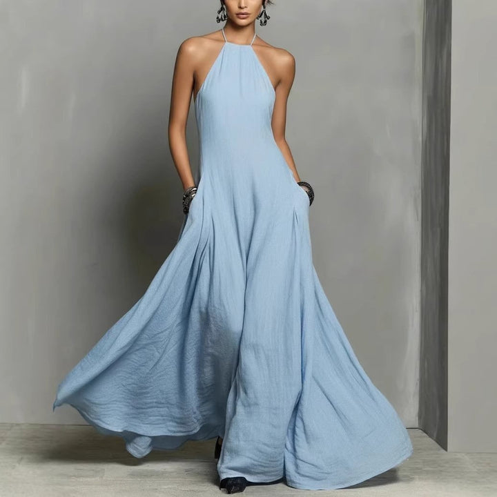 Katharina | Damen Neckholder Leinen Maxi Kleid Ärmellos