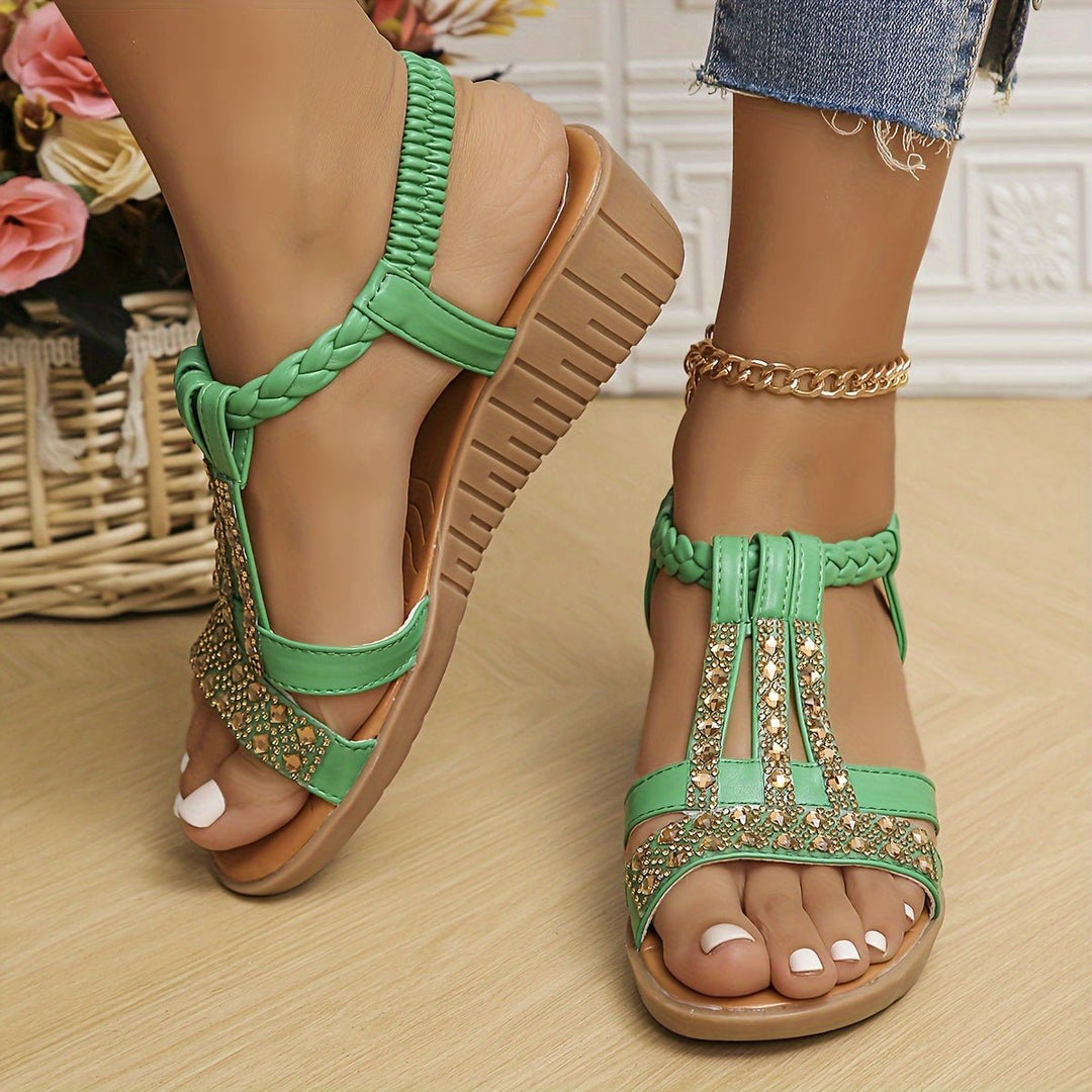 Frieda | Damen Orthopädische T-Spangen Keilabsatz Sandalen mit Strass