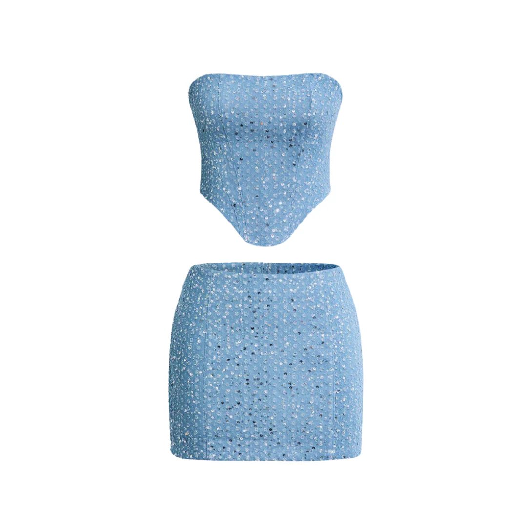 Emilia | Damen Pailletten-Denim Two-Piece Set Bandeau-Top Figurbetonter Rock