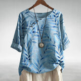 Frieda | Damen Relaxed-Fit Leinen-Bluse mit Blätterprint und Rundhalsausschnitt