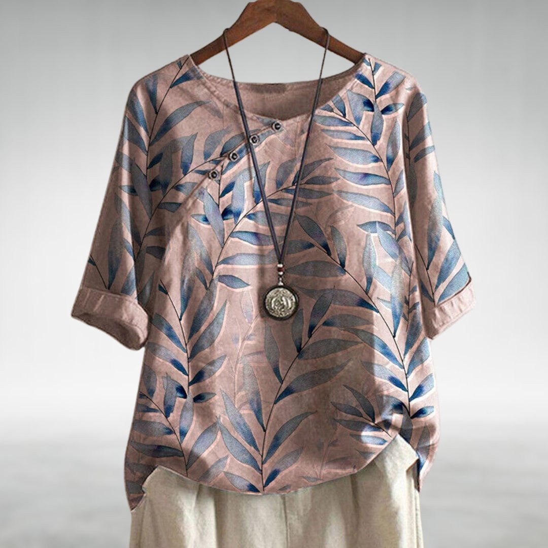 Frieda | Damen Relaxed-Fit Leinen-Bluse mit Blätterprint und Rundhalsausschnitt