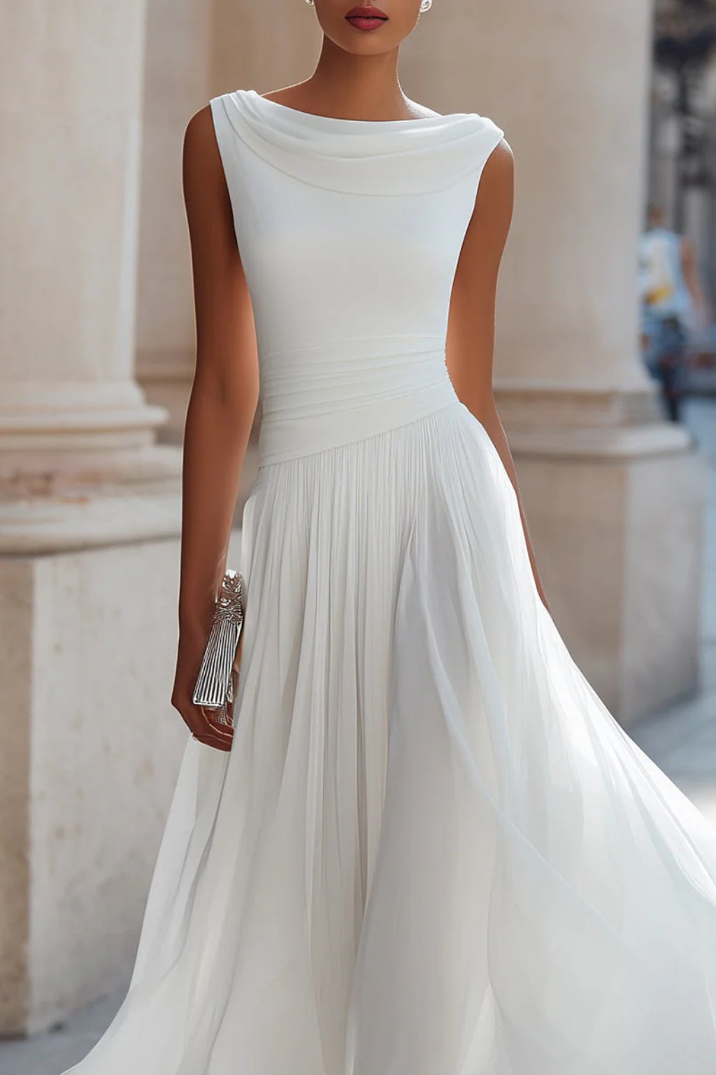 Lena | Damen Ärmellose A-Linien Midi-Kleid mit Wasserfallausschnitt