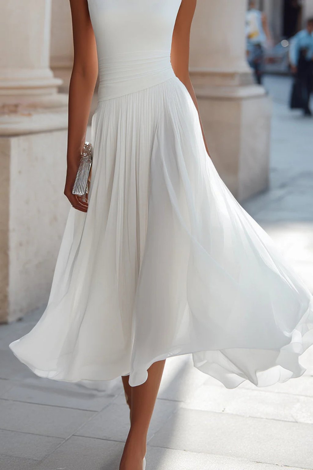 Lena | Damen Ärmellose A-Linien Midi-Kleid mit Wasserfallausschnitt