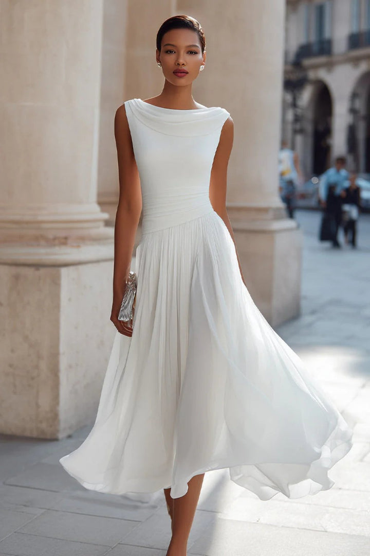 Lena | Damen Ärmellose A-Linien Midi-Kleid mit Wasserfallausschnitt