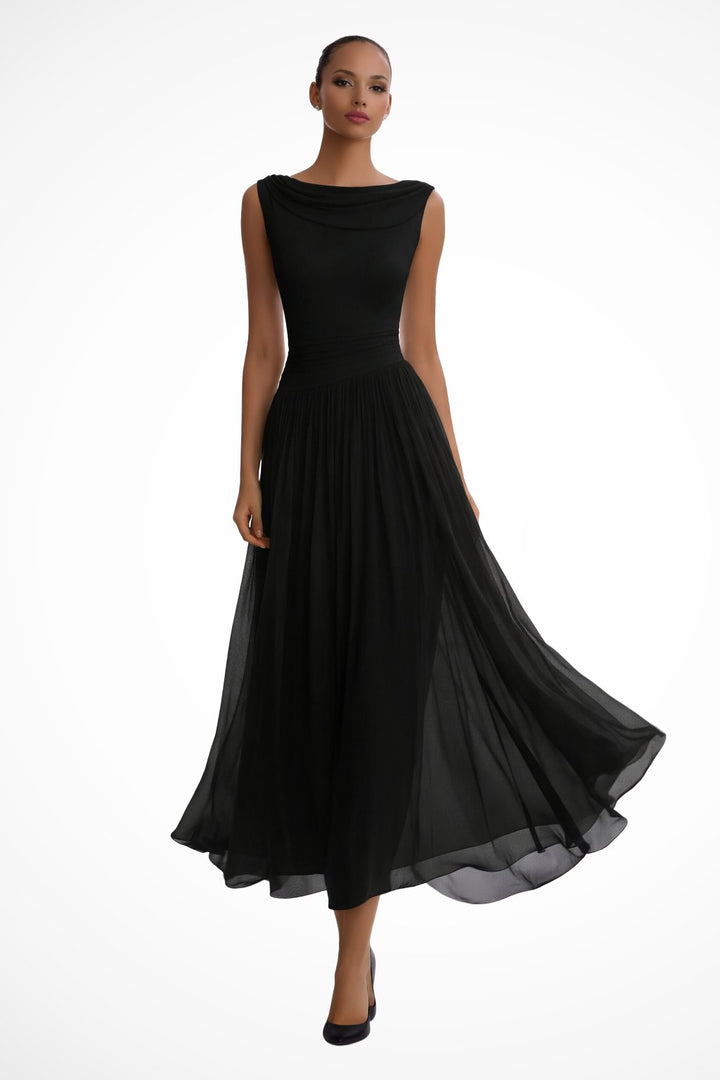 Lena | Damen Ärmellose A-Linien Midi-Kleid mit Wasserfallausschnitt