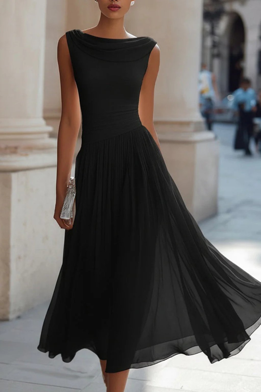 Lena | Damen Ärmellose A-Linien Midi-Kleid mit Wasserfallausschnitt