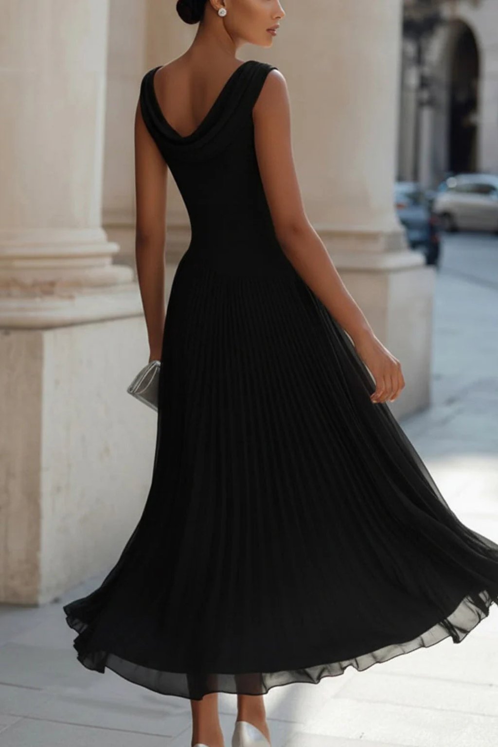 Lena | Damen Ärmellose A-Linien Midi-Kleid mit Wasserfallausschnitt