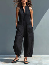 Annika | Damen Ärmellose Leinen Button-Up Jumpsuit mit Stehkragen
