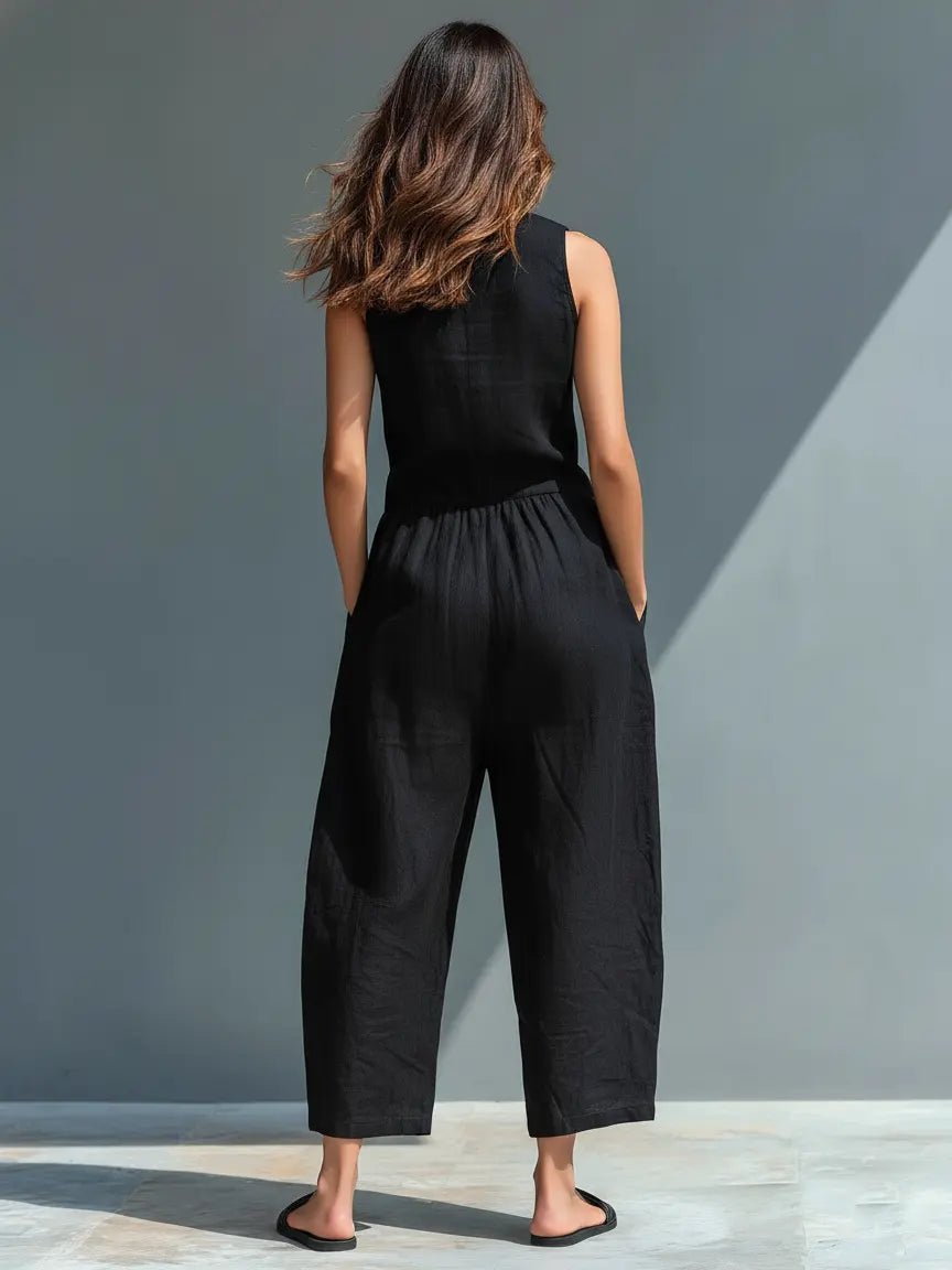 Annika | Damen Ärmellose Linen Button-Up Jumpsuit mit Stehkragen