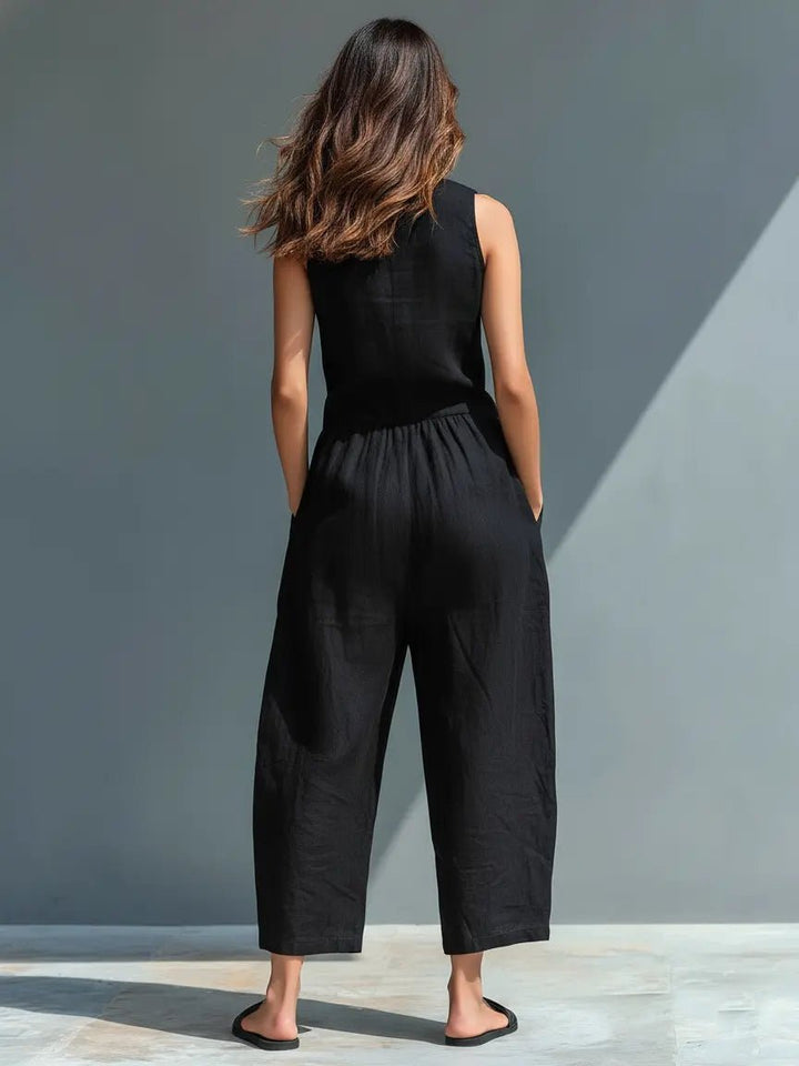 Annika | Damen Ärmellose Linen Button-Up Jumpsuit mit Stehkragen