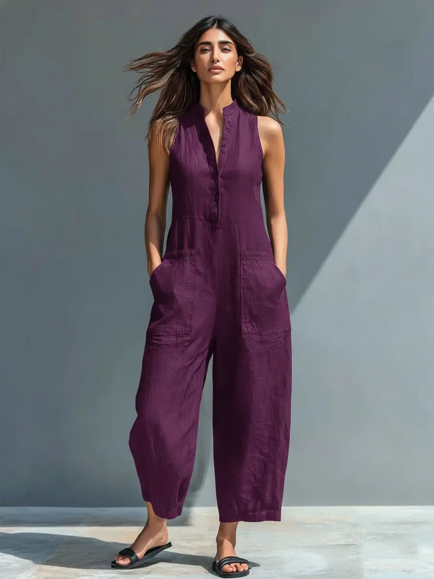 Annika | Damen Ärmellose Linen Button-Up Jumpsuit mit Stehkragen