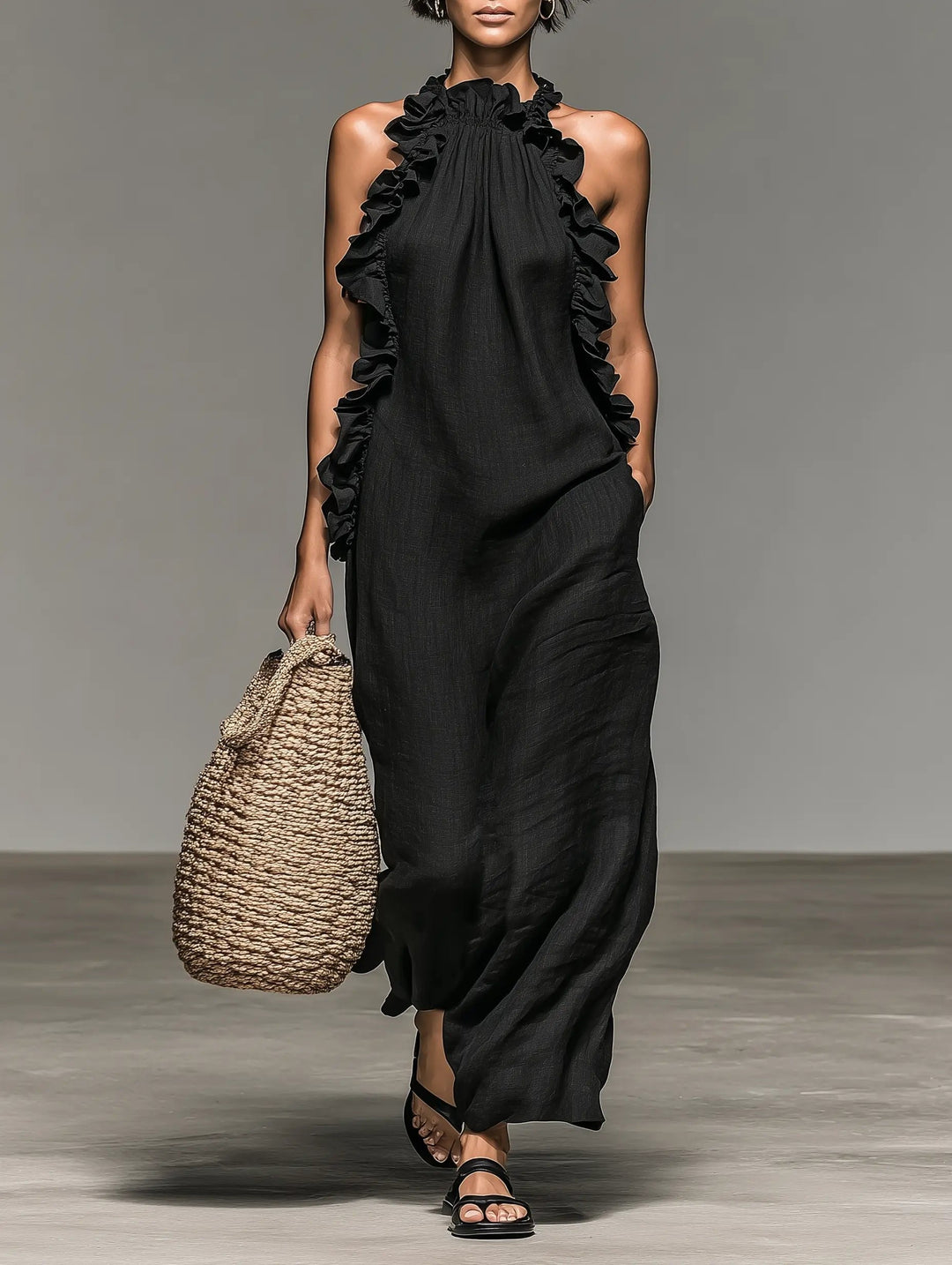 Leonie | Damen Ärmellose Linnen Maxi-Kleid mit Rüschen-Details