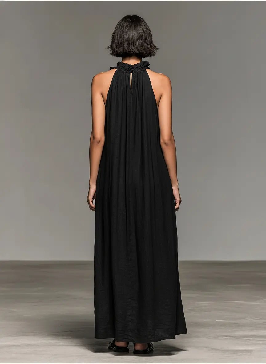 Leonie | Damen Ärmellose Linnen Maxi-Kleid mit Rüschen-Details