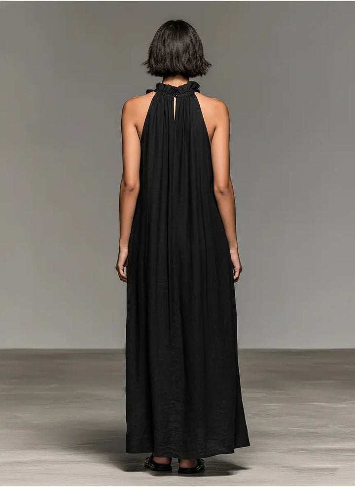 Leonie | Damen Ärmellose Linnen Maxi-Kleid mit Rüschen-Details