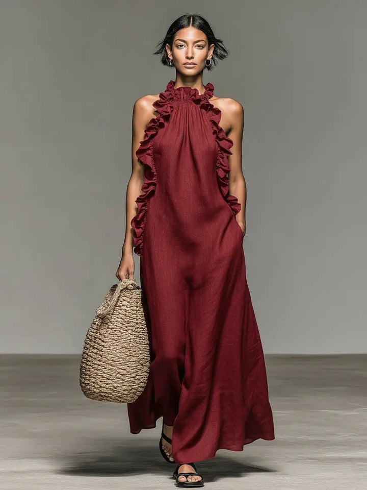 Leonie | Damen Ärmellose Linnen Maxi-Kleid mit Rüschen-Details