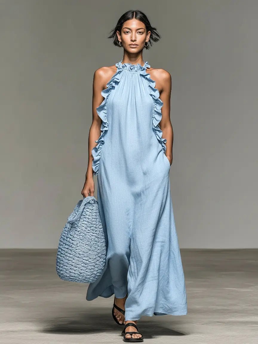 Leonie | Damen Ärmellose Linnen Maxi-Kleid mit Rüschen-Details