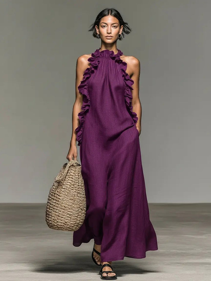 Leonie | Damen Ärmellose Linnen Maxi-Kleid mit Rüschen-Details