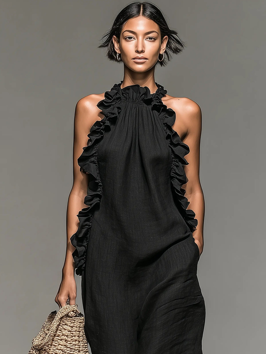 Leonie | Damen Ärmellose Linnen Maxi-Kleid mit Rüschen-Details