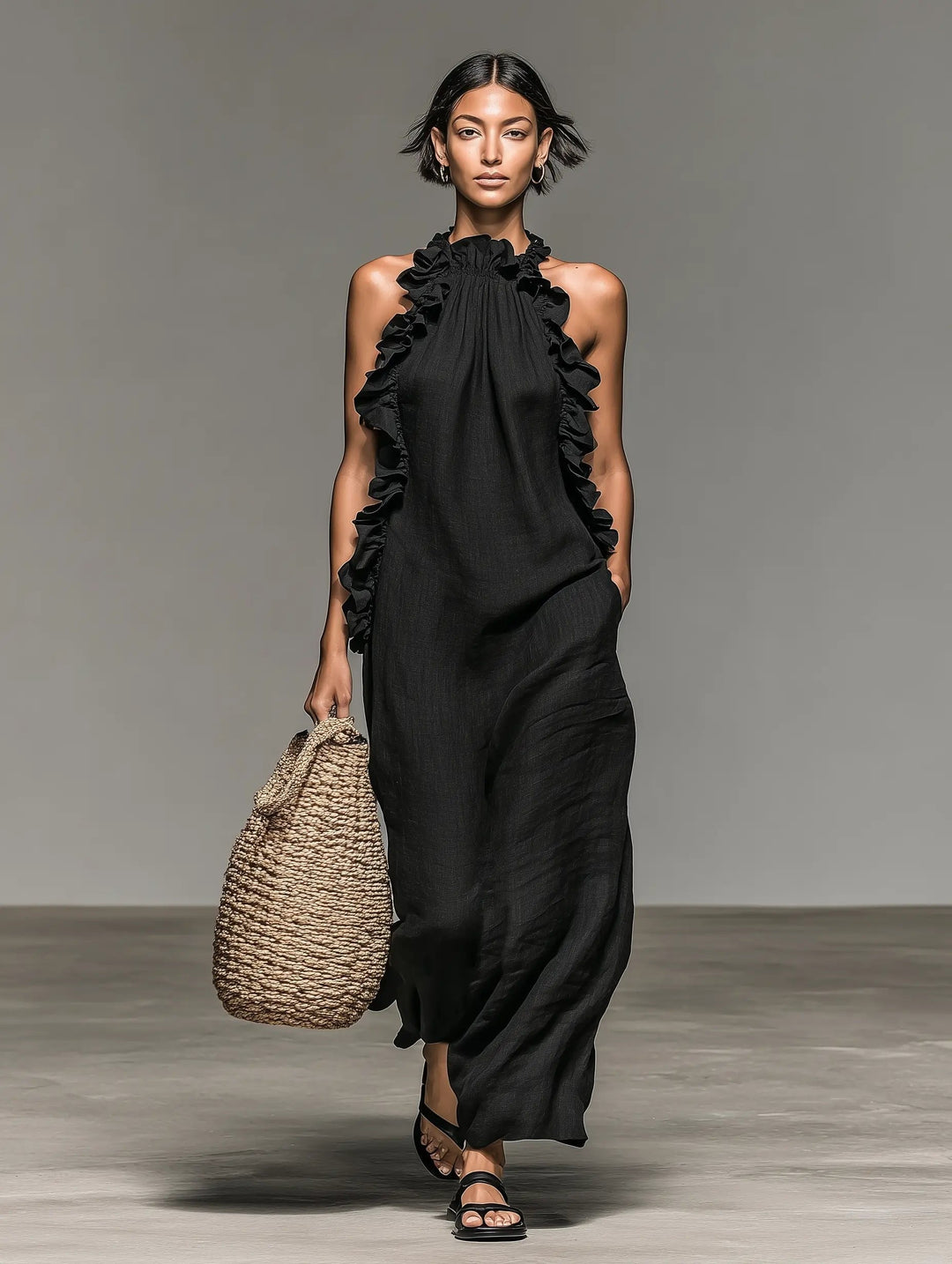 Leonie | Damen Ärmellose Linnen Maxi-Kleid mit Rüschen-Details