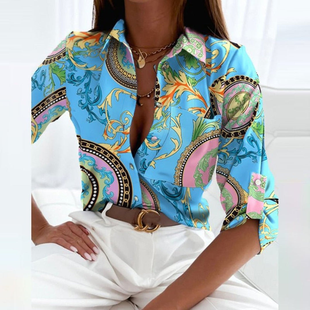 Lena | Damen Satin Geometrische-Print Button-Down Bluse