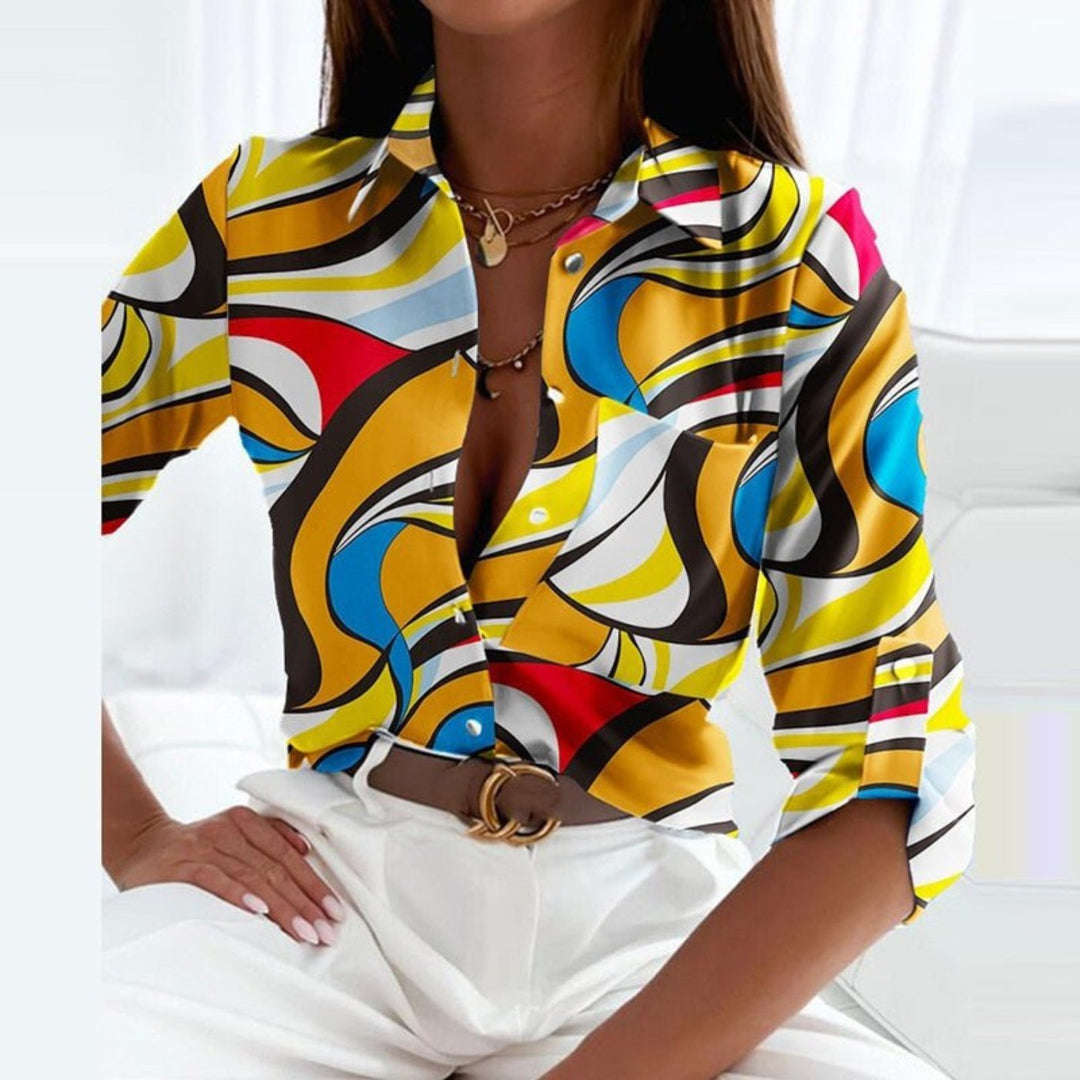 Lena | Damen Satin Geometrische-Print Button-Down Bluse