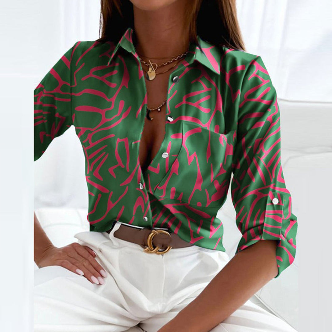 Lena | Damen Satin Geometrische-Print Button-Down Bluse