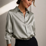 Mia | Damen Satin Langarm-Bluse mit Knopfleiste