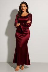 Greta | Damen Satin Langarm Fishtail Maxi Abendkleid