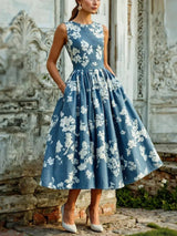 Leonie | Damen Schulterfreies Leinen Midi-Kleid mit Blumenmuster