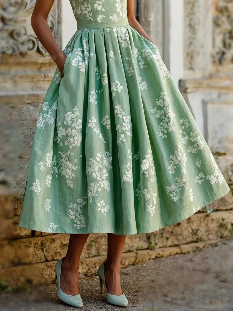 Leonie | Damen Schulterfreies Leinen Midi-Kleid mit Blumenmuster