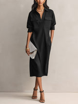Greta | Damen Schwarzes Leinen Hemdkleid V-Ausschnitt Midi