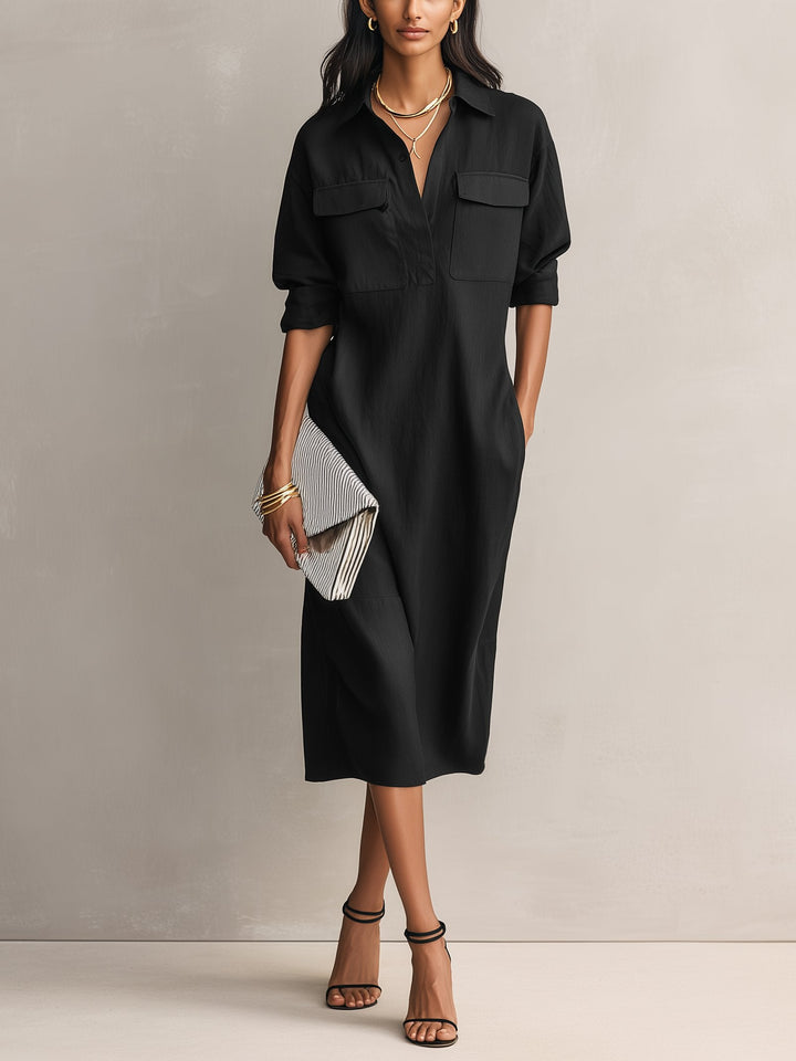 Greta | Damen Schwarzes Leinen Hemdkleid V-Ausschnitt Midi