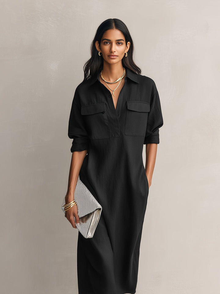 Greta | Damen Schwarzes Leinen Hemdkleid V-Ausschnitt Midi