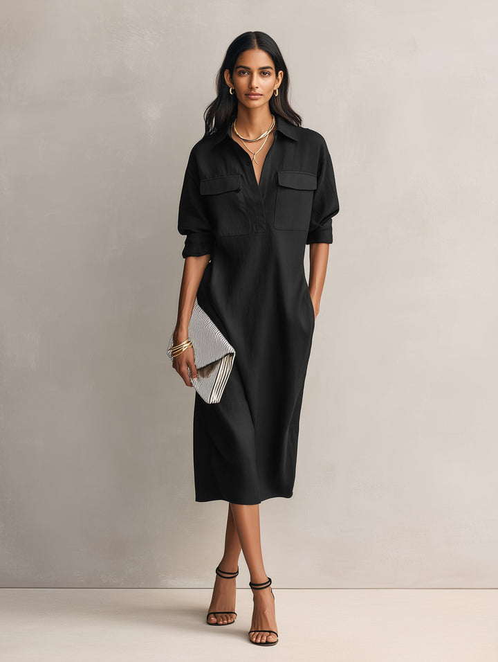 Greta | Damen Schwarzes Leinen Hemdkleid V-Ausschnitt Midi