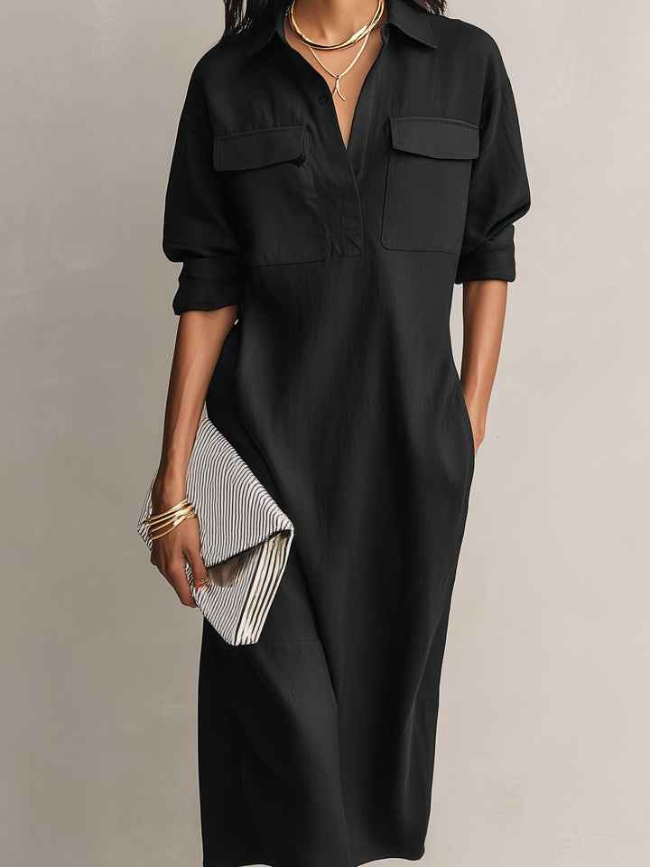 Greta | Damen Schwarzes Leinen Hemdkleid V-Ausschnitt Midi