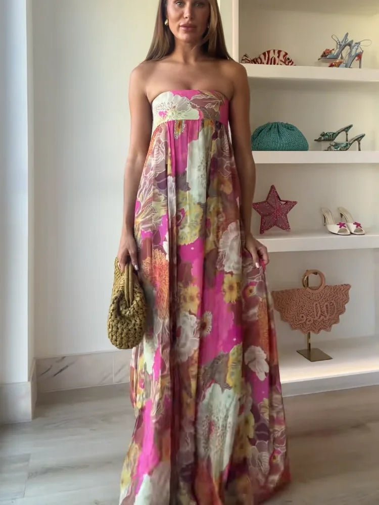 Johanna | Damen Trägerlos Blumenmuster Maxi Hochzeitsgast Kleid