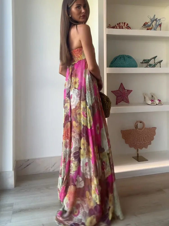 Johanna | Damen Trägerlos Blumenmuster Maxi Hochzeitsgast Kleid