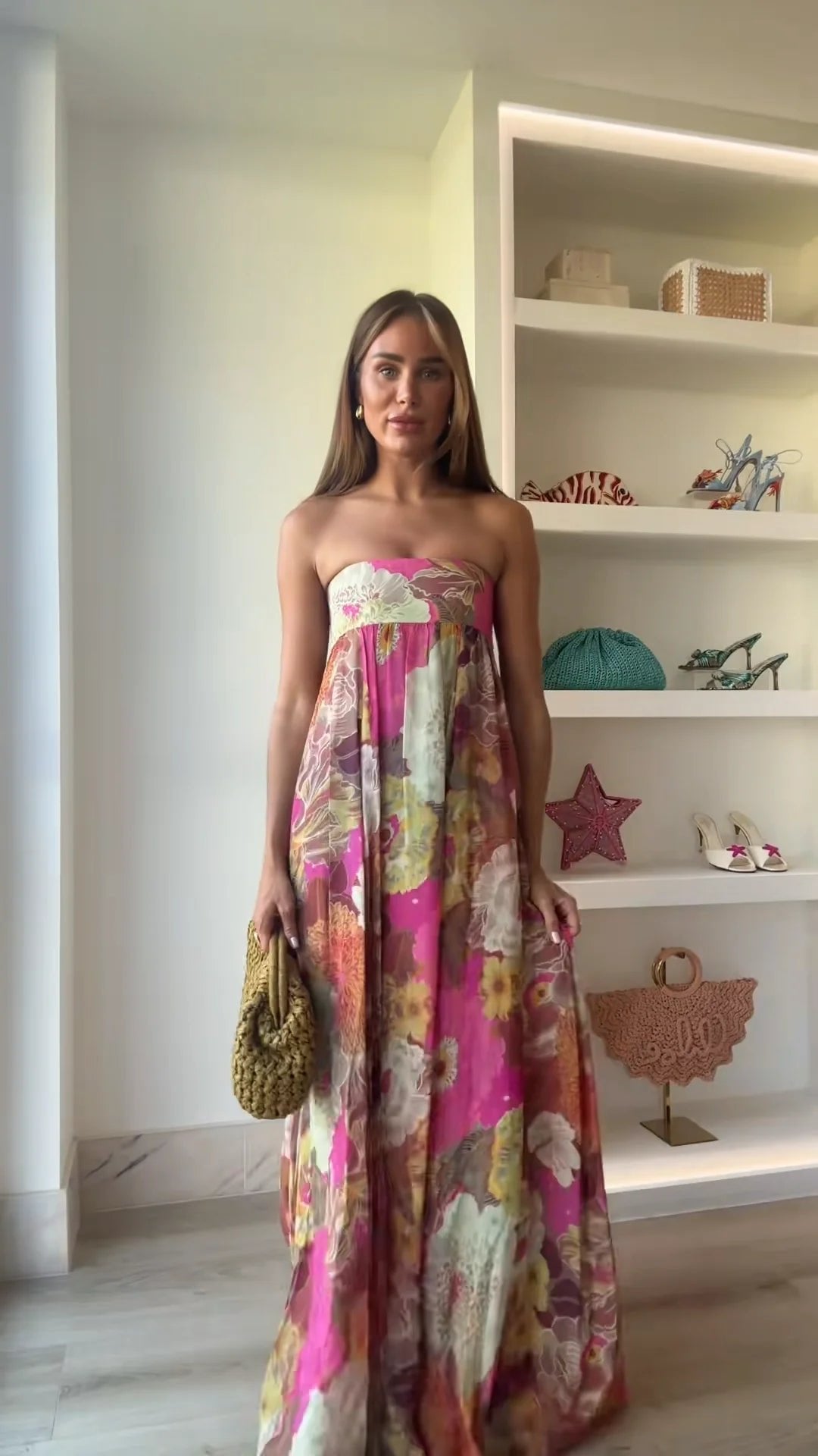 Johanna | Damen Trägerlos Blumenmuster Maxi Hochzeitsgast Kleid