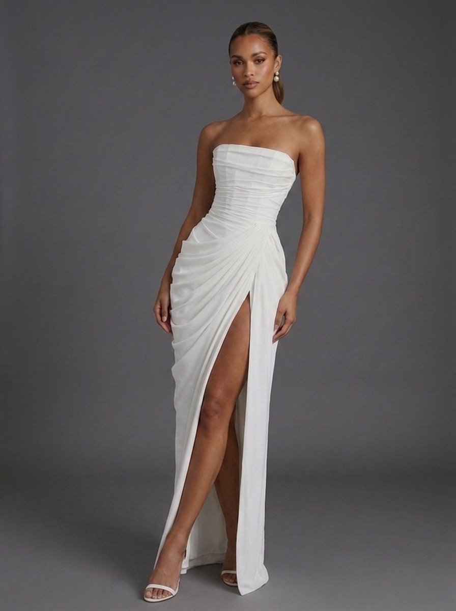 Annika | Damen Trägerlos Korsett Gerafft Maxi Hochzeitsgast Kleid