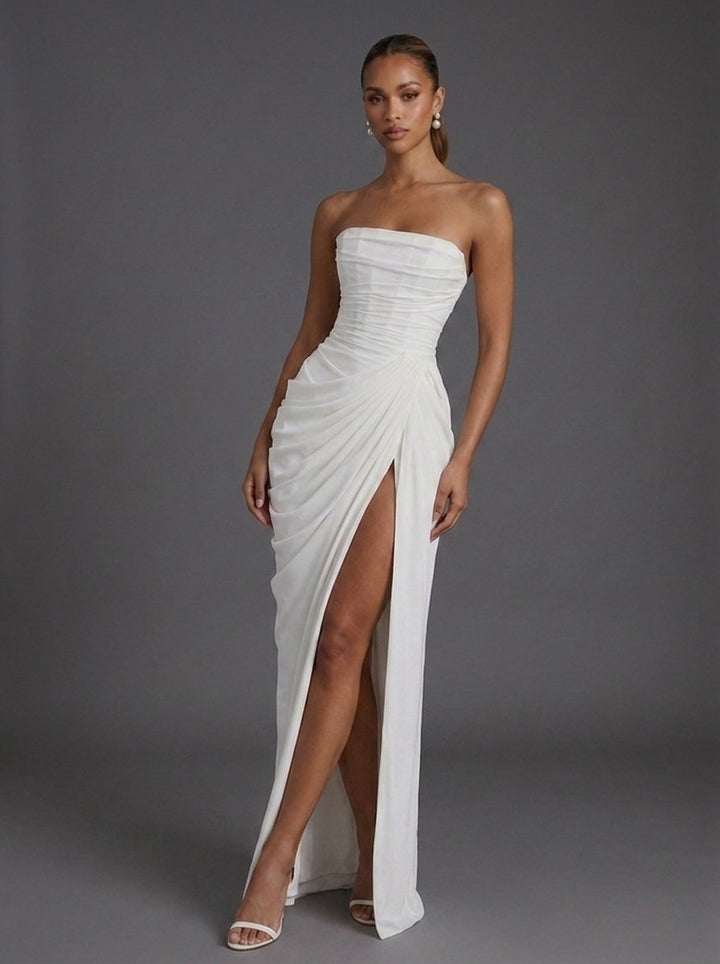 Annika | Damen Trägerlos Korsett Gerafft Maxi Hochzeitsgast Kleid