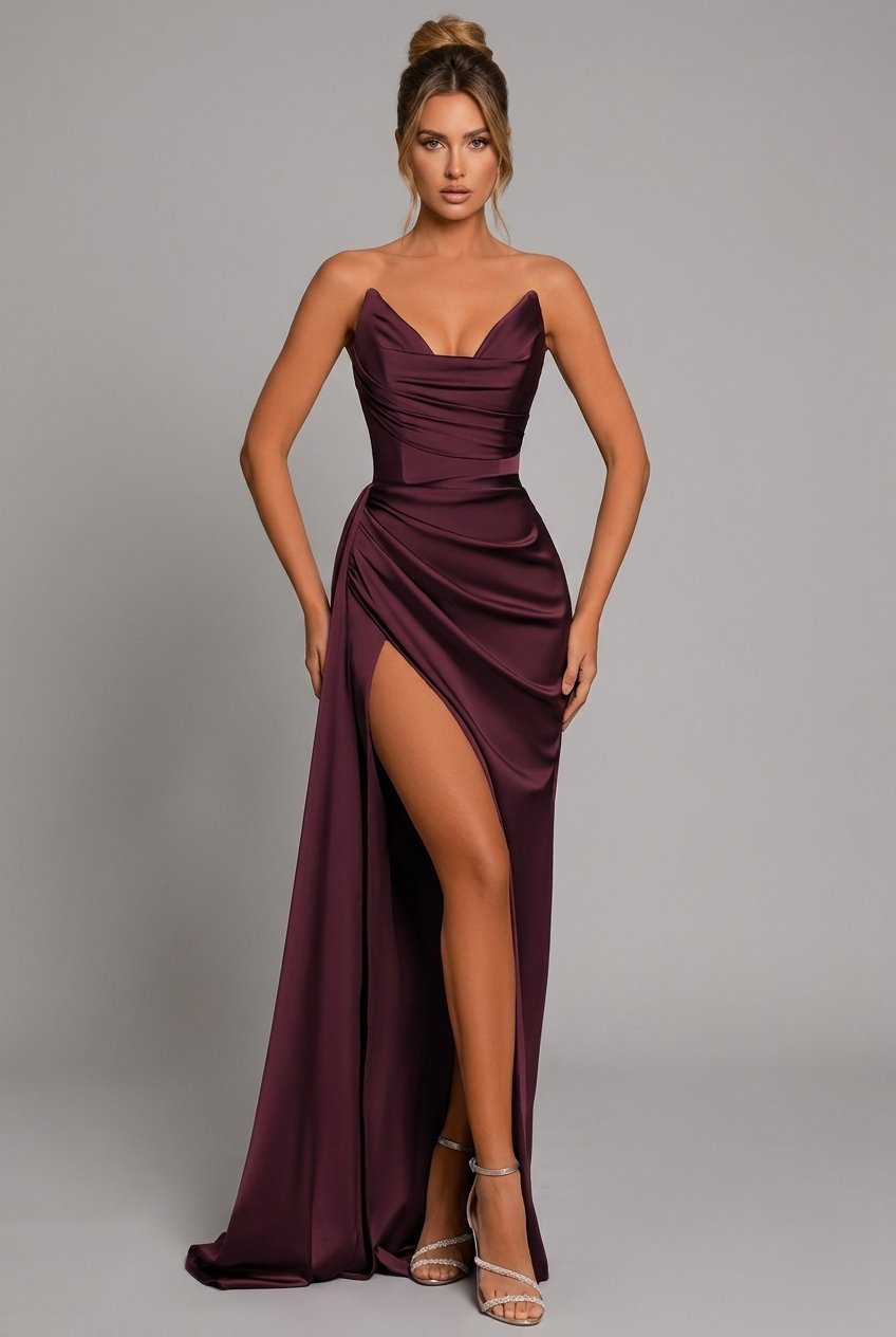 Lena | Damen Trägerlos Satin Maxikleid Gerafft Herzausschnitt Beinschlitz