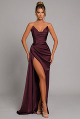Lena | Damen Trägerlos Satin Maxikleid Gerafft Herzausschnitt Beinschlitz