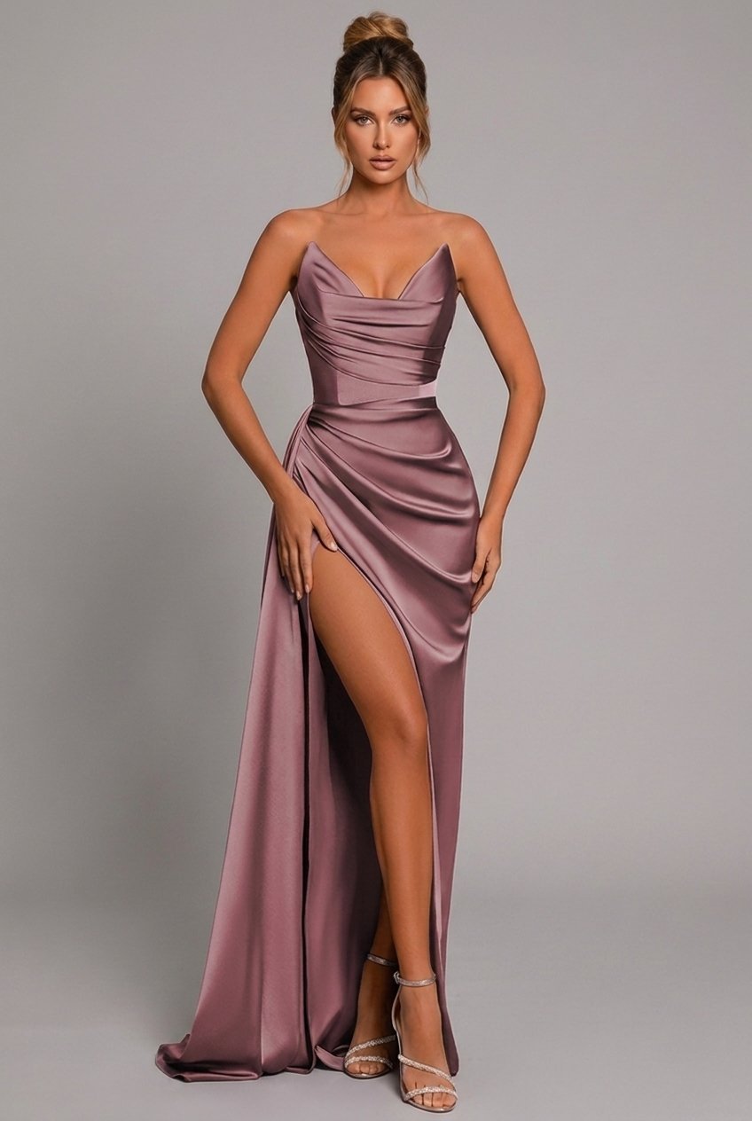 Lena | Damen Trägerlos Satin Maxikleid Gerafft Herzausschnitt Beinschlitz