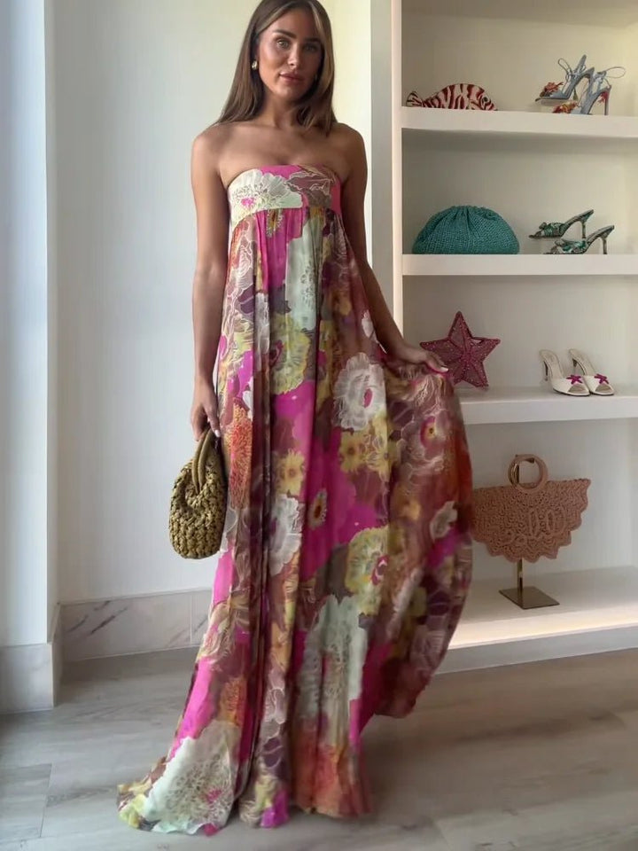 Clara | Damen Trägerloses Blumen Maxi Hochzeitsgast Kleid