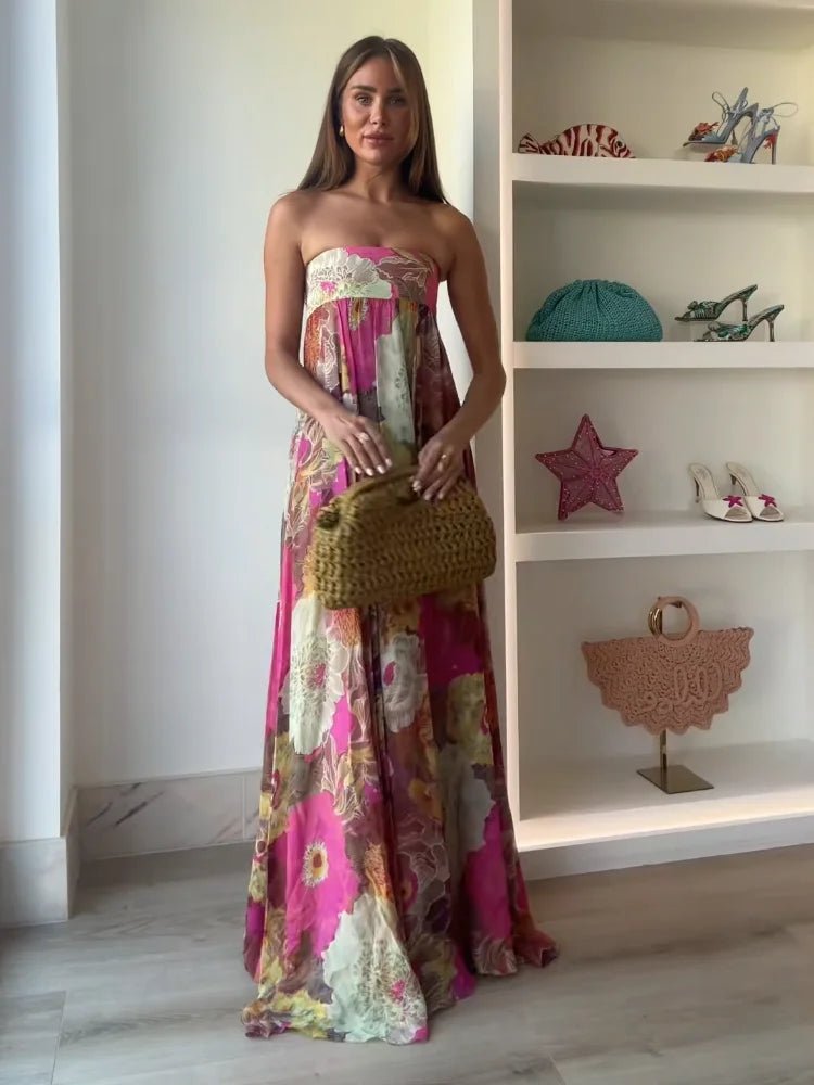 Clara | Damen Trägerloses Blumen Maxi Hochzeitsgast Kleid