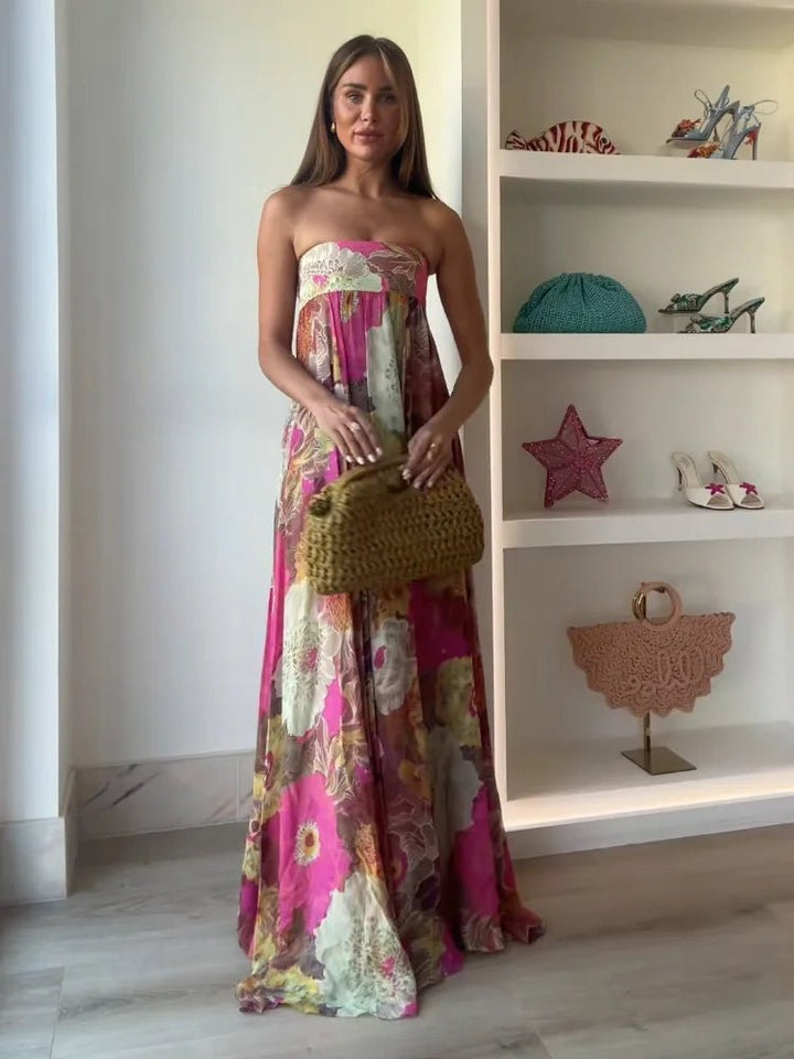 Clara | Damen Trägerloses Blumen Maxi Hochzeitsgast Kleid