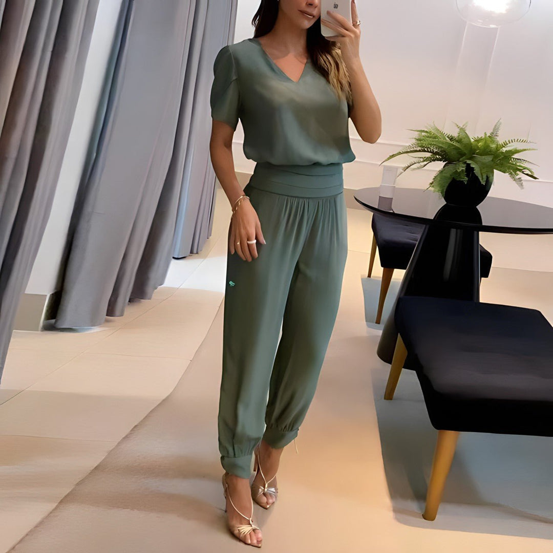 Elfriede | Damen V-Ausschnitt Wide-Leg Two-Piece Set Kurzarm Bluse Hose