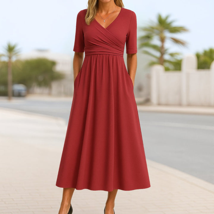 Katharina | Damen Wickelkleid A-Linie Kurze Ärmel V-Ausschnitt