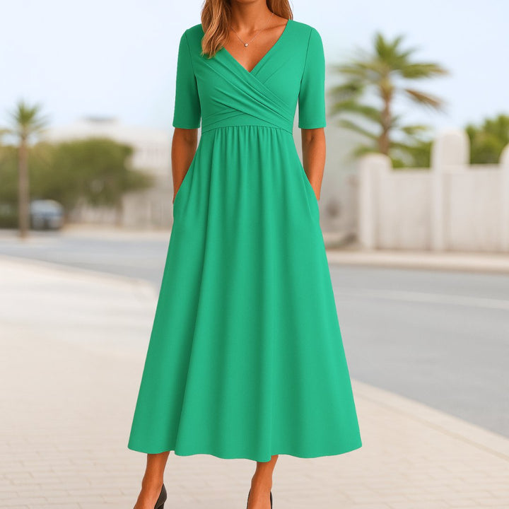 Katharina | Damen Wickelkleid A-Linie Kurze Ärmel V-Ausschnitt