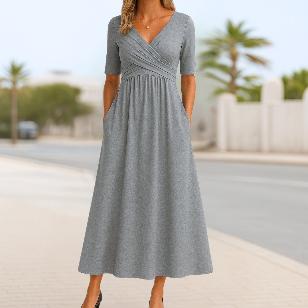 Katharina | Damen Wickelkleid A-Linie Kurze Ärmel V-Ausschnitt